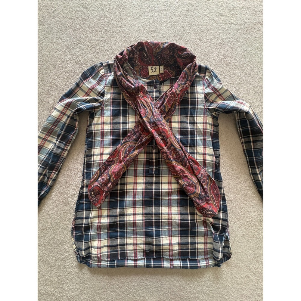 52 Plaid Tunic Top 100% Cotton with Attached Paisley Scarf Blue Red Small